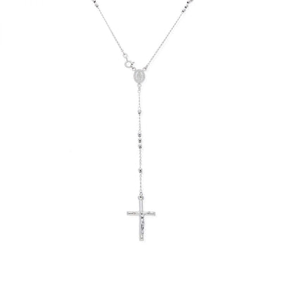 Sterling Silver 3mm Diamond-Cut Rosary Cross Necklace (Hollow) 18"