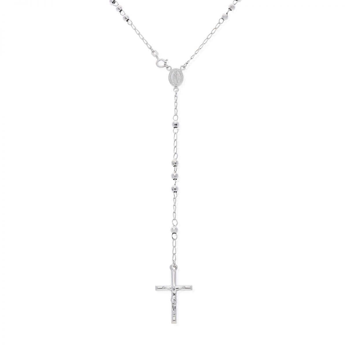 Sterling Silver 4mm Diamond-Cut Rosary Cross Necklace (Hollow) 26"