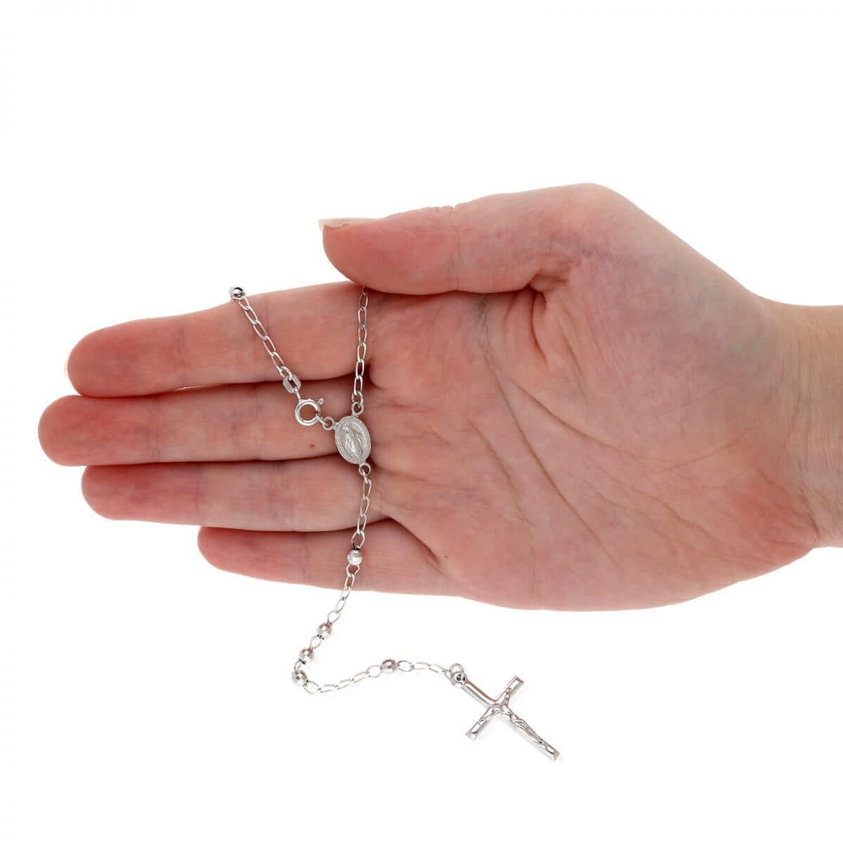 Sterling Silver 4mm Diamond-Cut Rosary Cross Necklace (Hollow) 26"