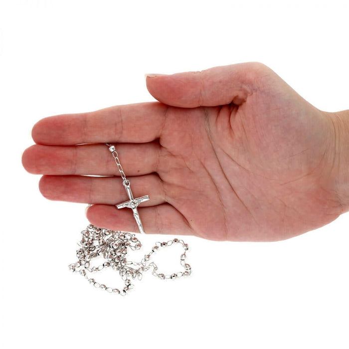 Sterling Silver 4mm Diamond-Cut Rosary Cross Necklace (Hollow) 26"