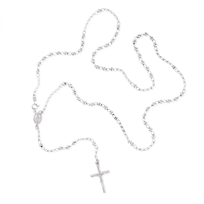 Sterling Silver 4mm Diamond-Cut Rosary Cross Necklace (Hollow) 26"