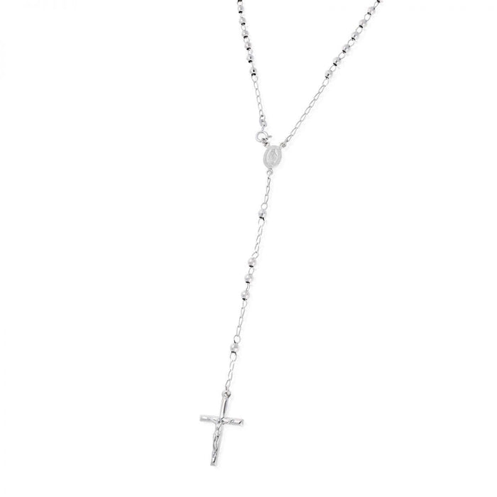 Sterling Silver 4mm Diamond-Cut Rosary Cross Necklace (Hollow) 26"