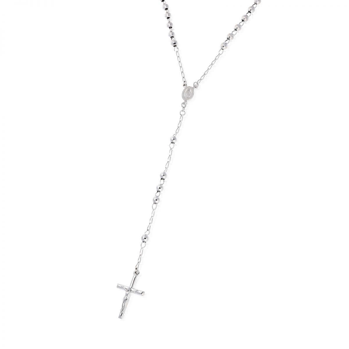 Sterling Silver 5mm Diamond-Cut Rosary Cross Necklace (Hollow) 26"