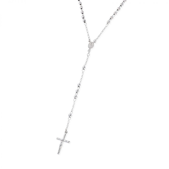 Sterling Silver 5mm Diamond-Cut Rosary Cross Necklace (Hollow) 26"