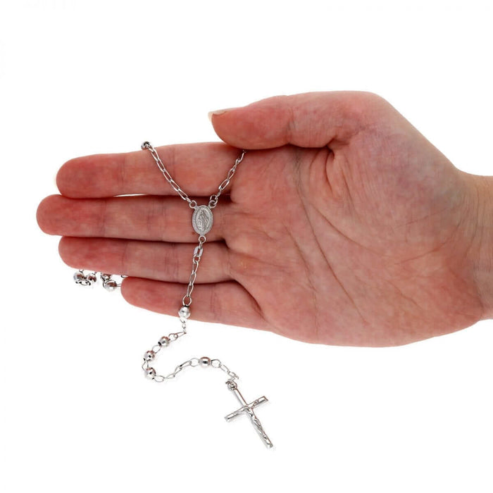 Sterling Silver 5mm Diamond-Cut Rosary Cross Necklace (Hollow) 26"