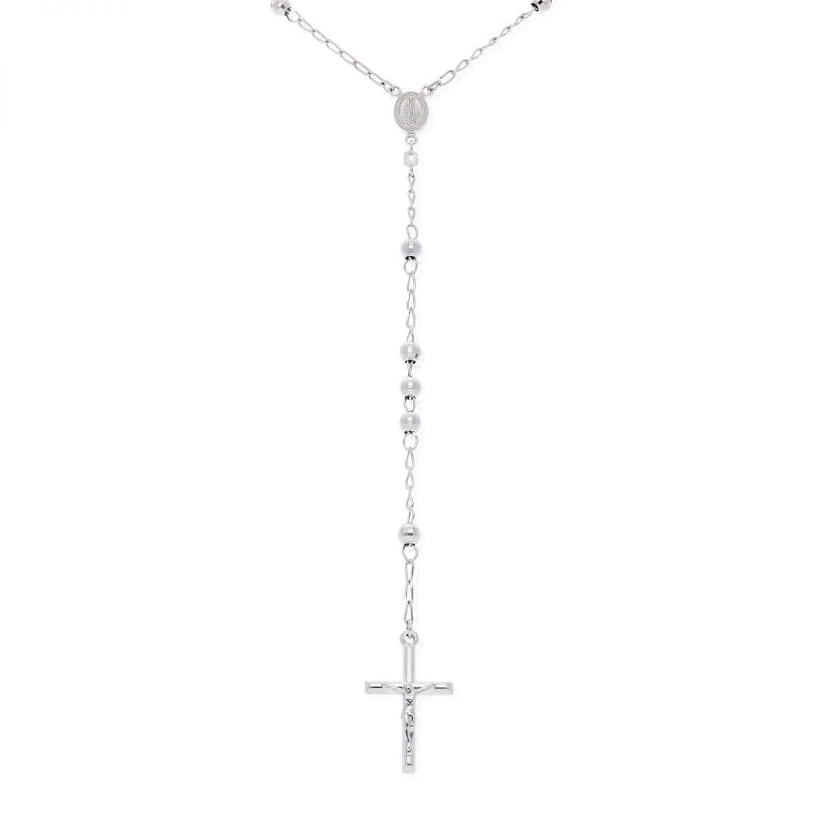 Sterling Silver 5mm Diamond-Cut Rosary Cross Necklace (Hollow) 26"