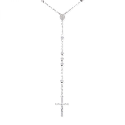 Sterling Silver 5mm Diamond-Cut Rosary Cross Necklace (Hollow) 26"