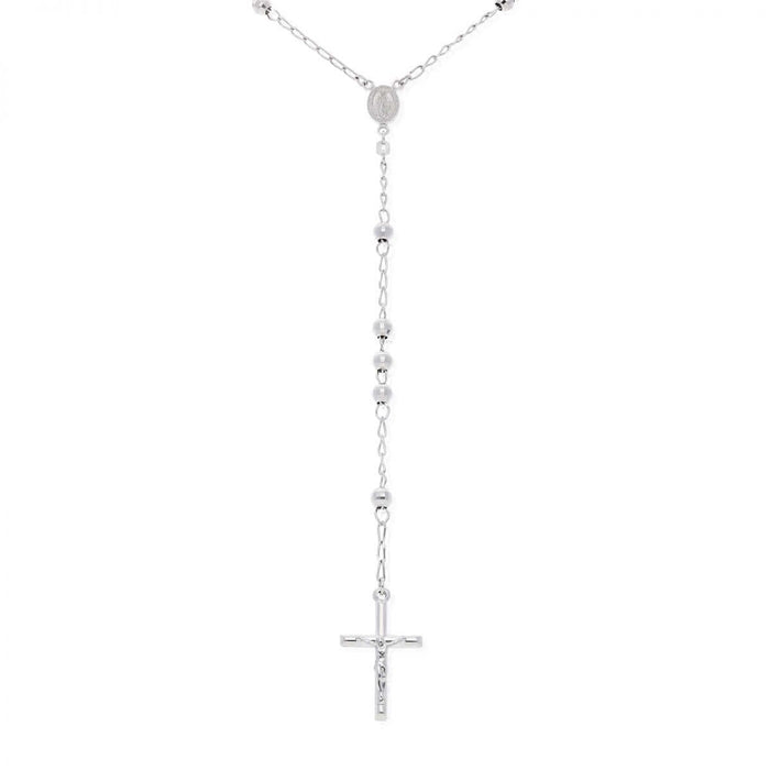 Sterling Silver 5mm Diamond-Cut Rosary Cross Necklace (Hollow) 26"