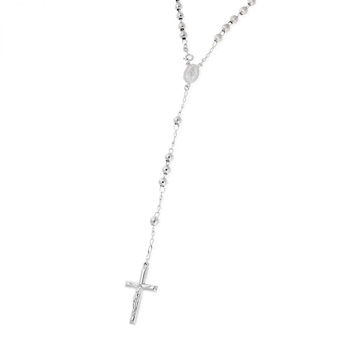 Sterling Silver 6mm Diamond-Cut Rosary Cross Necklace (Hollow) 26"
