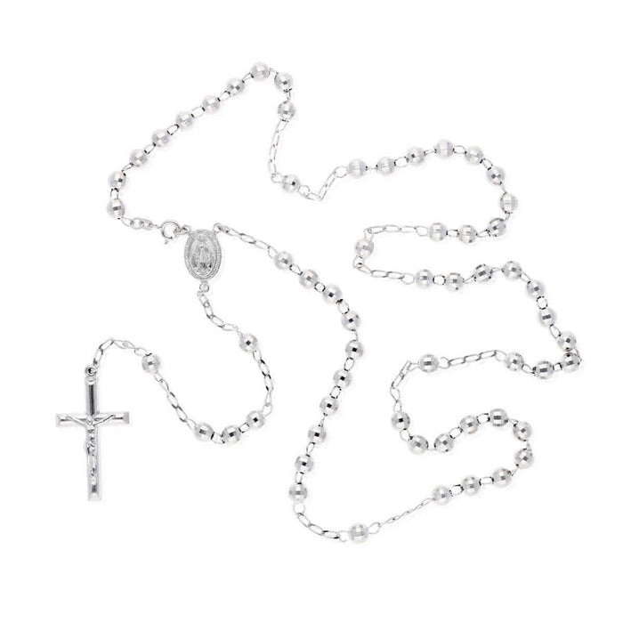 Sterling Silver 6mm Diamond-Cut Rosary Cross Necklace (Hollow) 26"