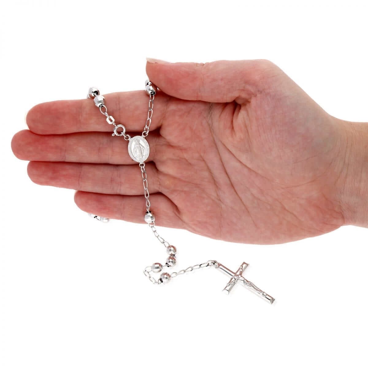 Sterling Silver 6mm Diamond-Cut Rosary Cross Necklace (Hollow) 26"