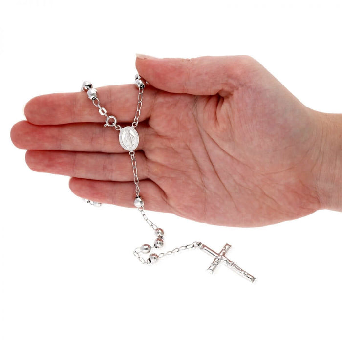 Sterling Silver 6mm Diamond-Cut Rosary Cross Necklace (Hollow) 26"
