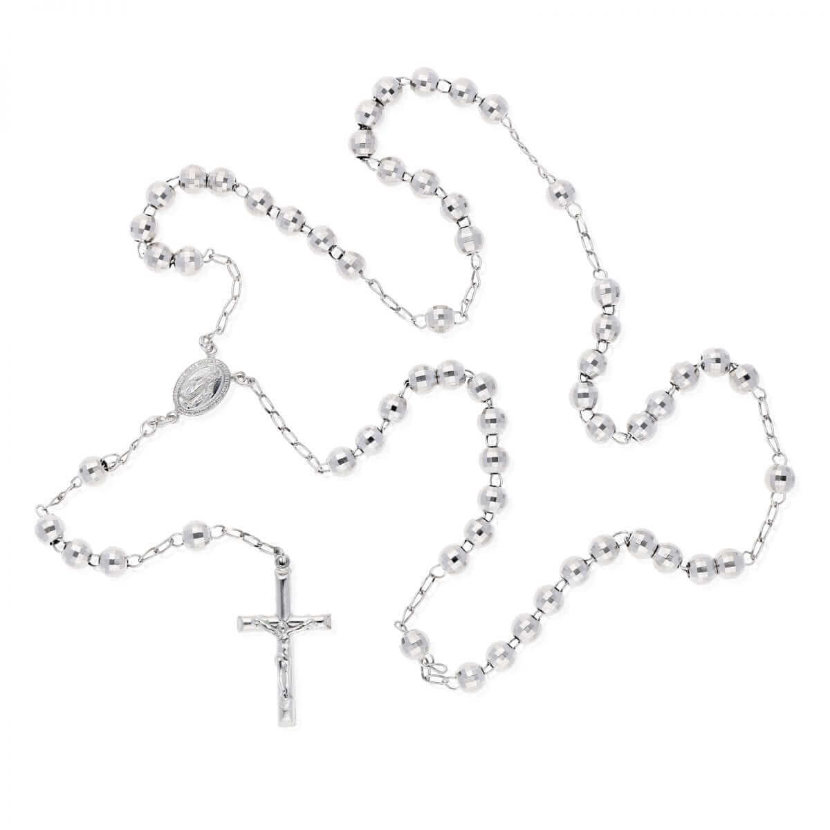 Sterling Silver 7mm Diamond-Cut Rosary Cross Necklace (Solid Links) 26"