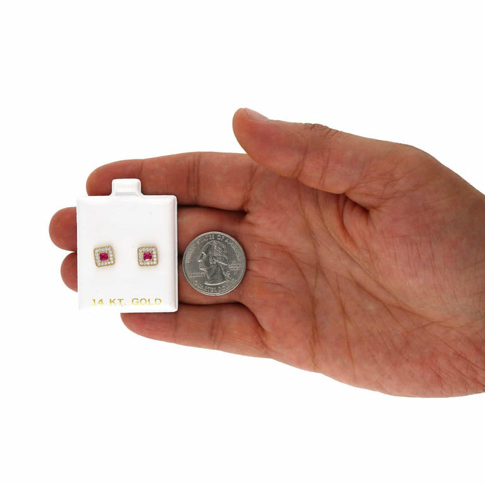 14K Yellow Gold Square Color Gemstone Screw Back Halo Stud Earrings
