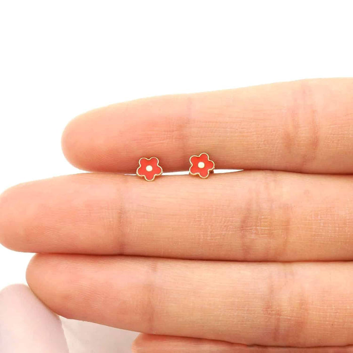 Kids 14K Gold Pink Blue Green Red White Purple Yellow Flower Stud Earrings