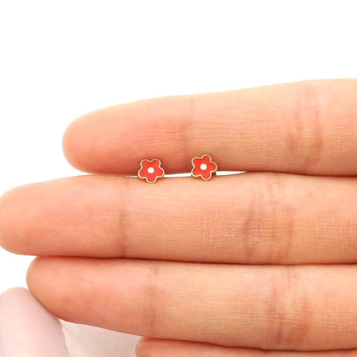 Kids 14K Gold Pink Blue Green Red White Purple Yellow Enamel Flower Earrings 7mm