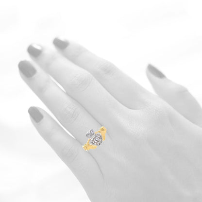10k Yellow & White Gold Created Diamond Irish Claddagh Heart & Crown Ring
