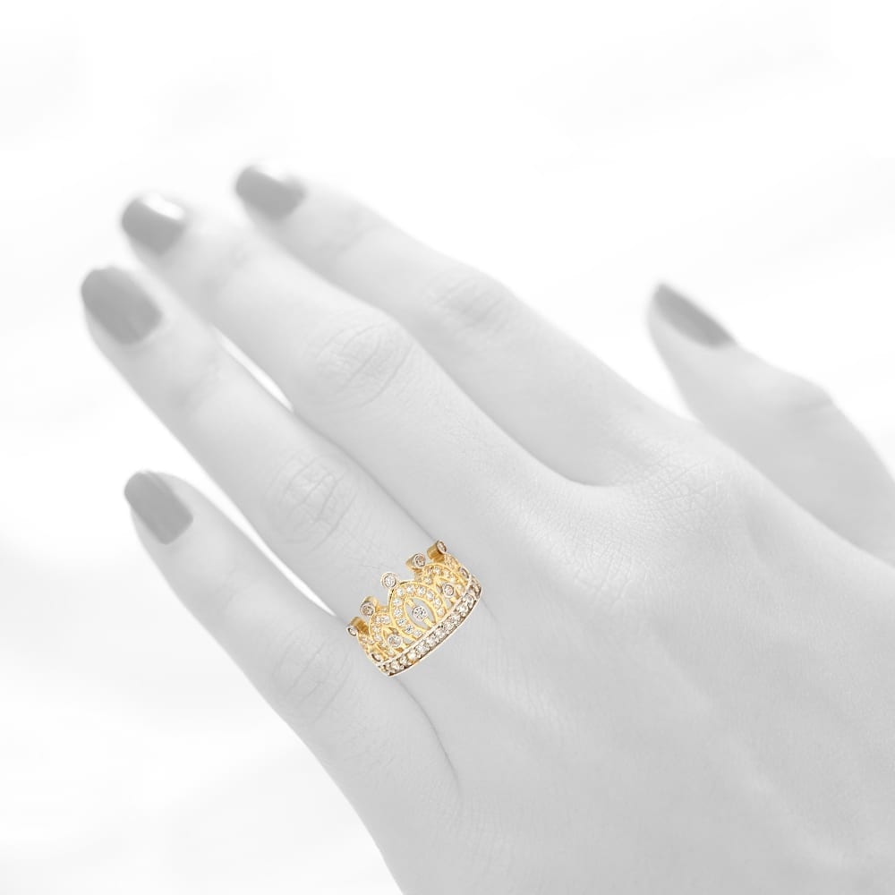 10k Gold Yellow Created White Diamond Crown Ring Size 5-8