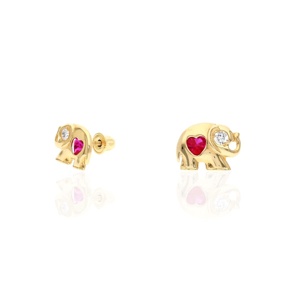 14k Yellow Gold Heart Birthstone Elephant Screw Back Stud Earrings