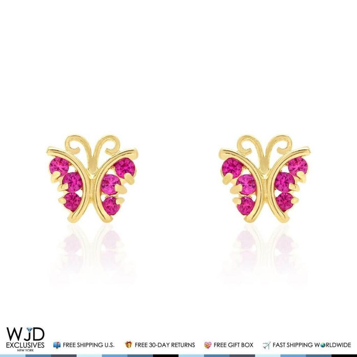 14K Yellow White Gold Ruby Butterfly Screw Back Stud Kid Earrings