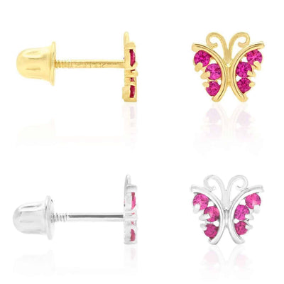 14K Yellow White Gold Ruby Butterfly Screw Back Stud Kid Earrings
