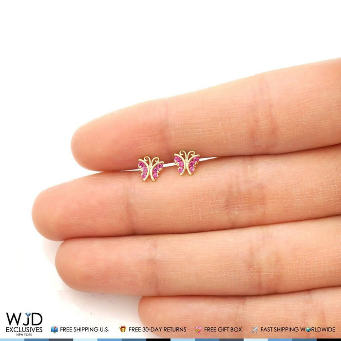 14K Yellow White Gold Ruby Butterfly Screw Back Stud Kid Earrings