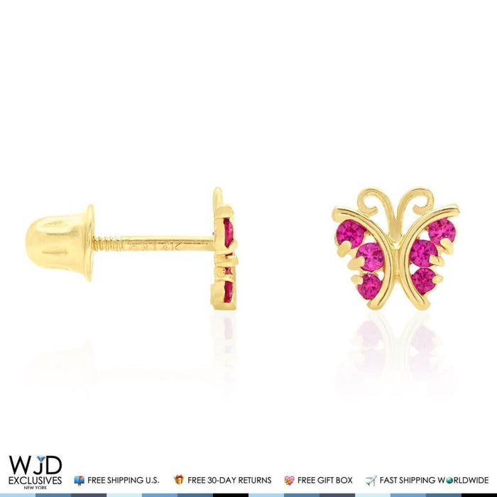 14K Yellow White Gold Ruby Butterfly Screw Back Stud Kid Earrings