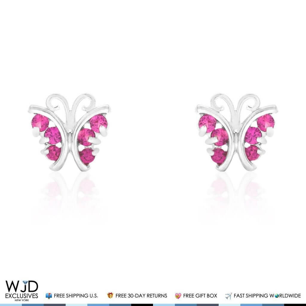 Kids 14K White Gold Simulated Ruby Butterfly Screw Back Stud Earrings