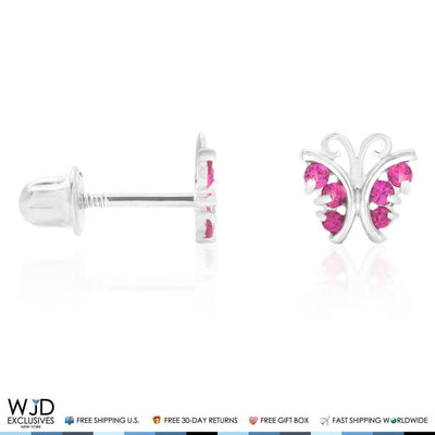 Kids 14K White Gold Simulated Ruby Butterfly Screw Back Stud Earrings