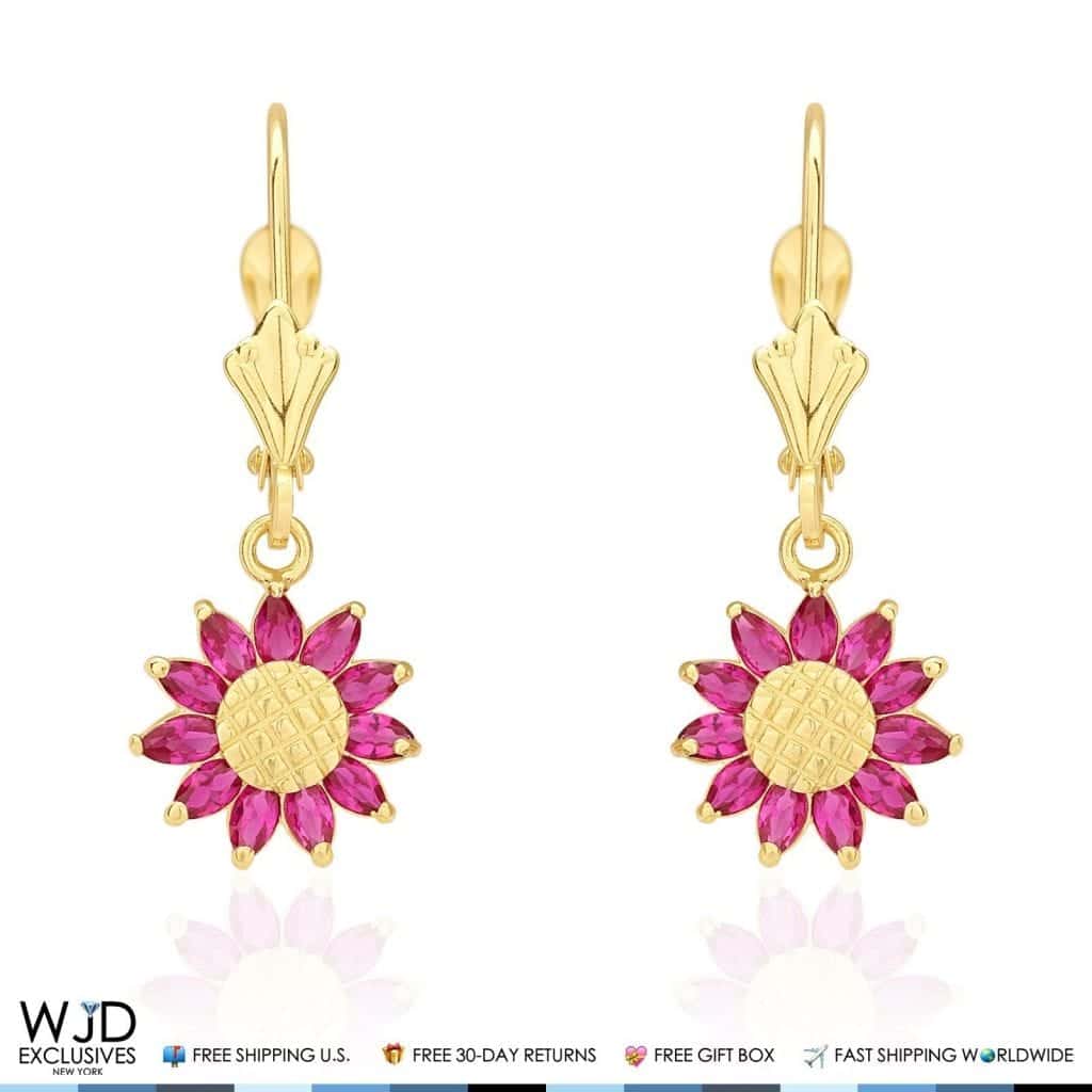 Simulated Ruby Sunflower Dangle Drop Leverback Earrings 14K Yellow Gold 1"