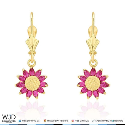 Simulated Ruby Sunflower Dangle Drop Leverback Earrings 14K Yellow Gold 1"
