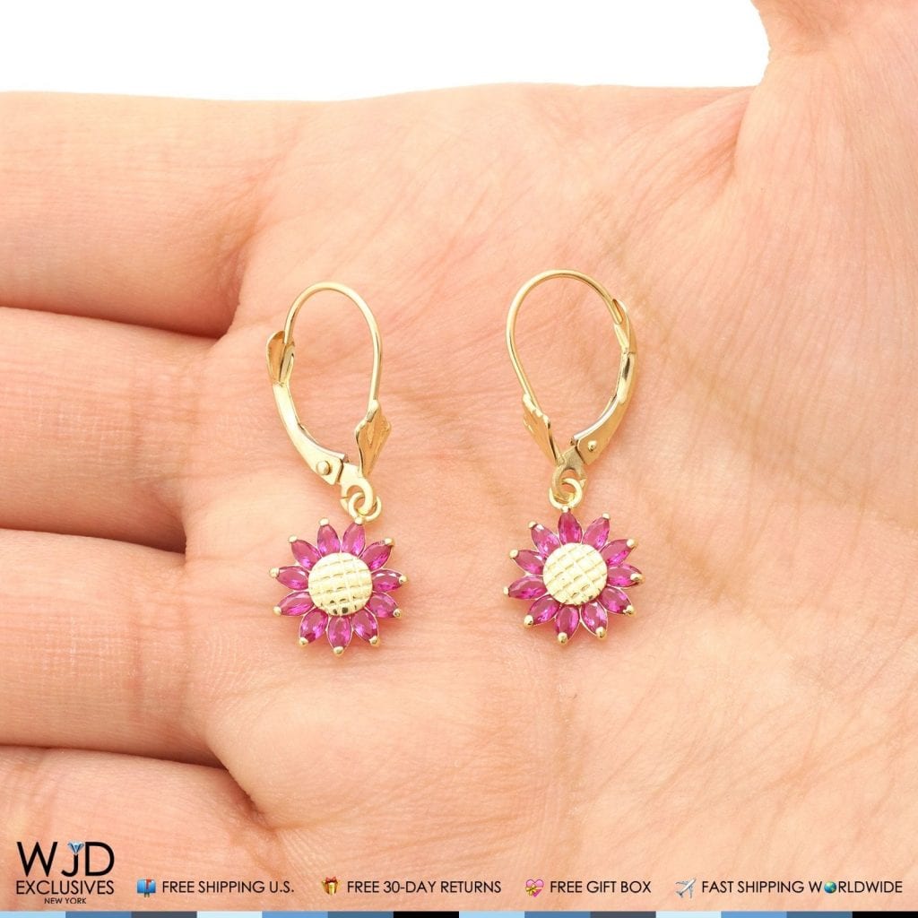 Simulated Ruby Sunflower Dangle Drop Leverback Earrings 14K Yellow Gold 1"