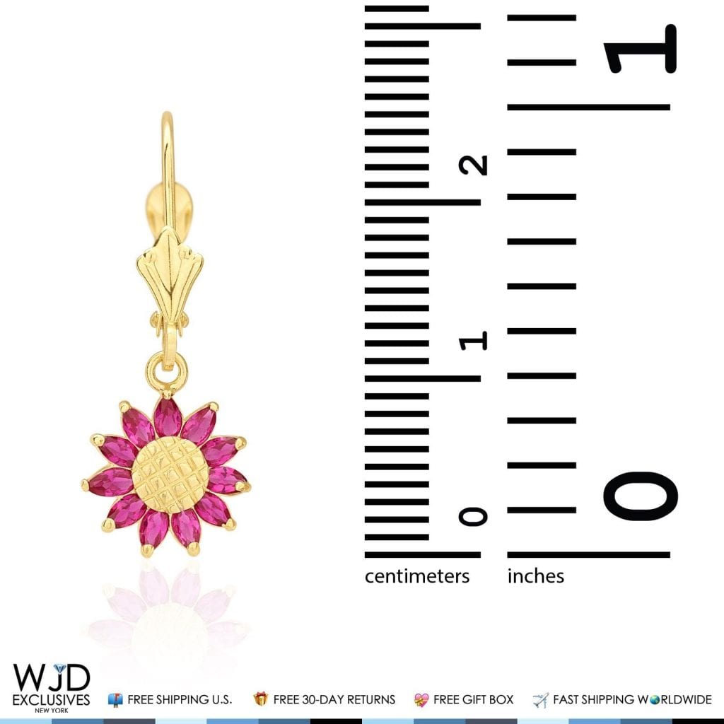 Simulated Ruby Sunflower Dangle Drop Leverback Earrings 14K Yellow Gold 1"