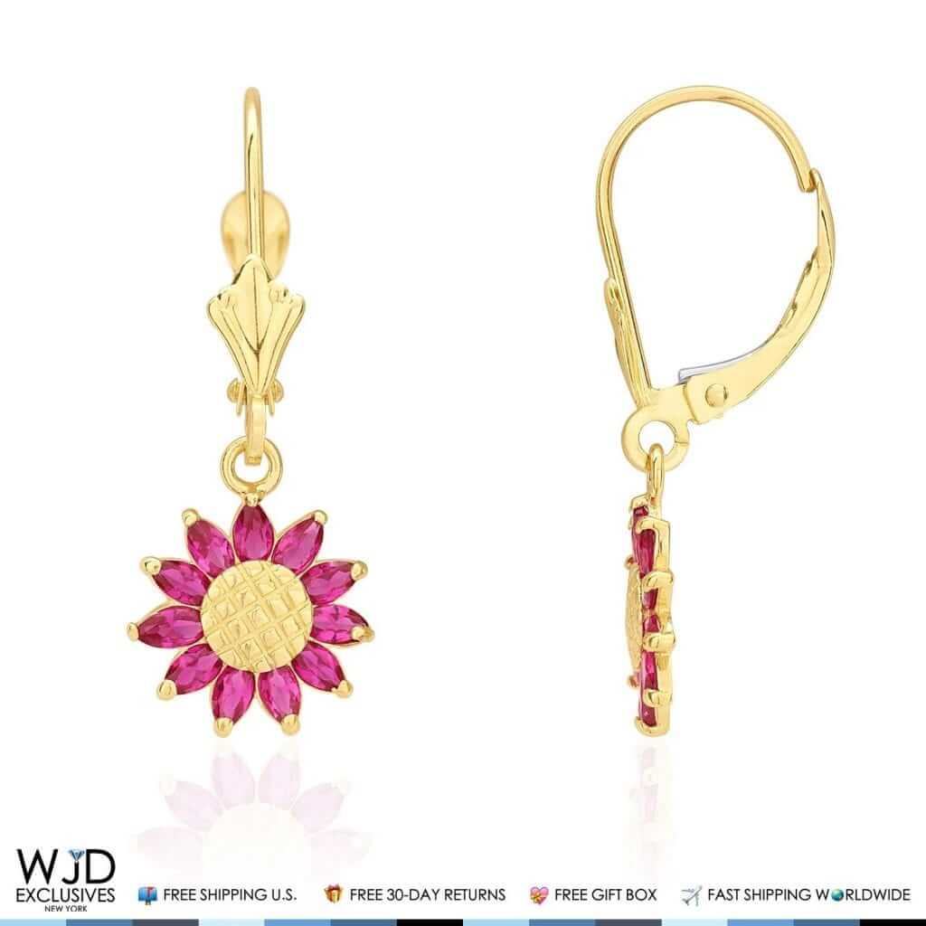 Simulated Ruby Sunflower Dangle Drop Leverback Earrings 14K Yellow Gold 1"
