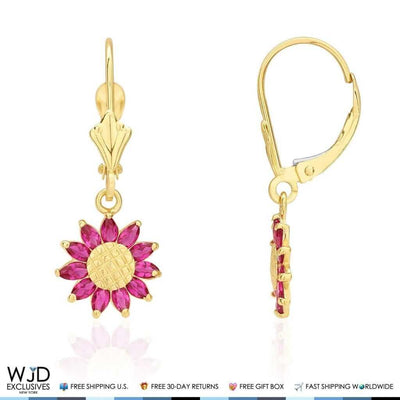 Simulated Ruby Sunflower Dangle Drop Leverback Earrings 14K Yellow Gold 1"