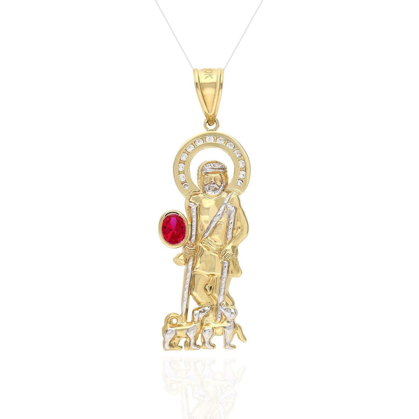 10K Yellow Gold White Zirconia And Red Ruby Saint Lazare Charm Pendant