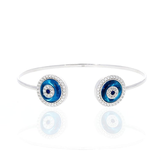 925 Sterling Silver CZ Halo Blue Evil Eye Bangle Bracelet 7"