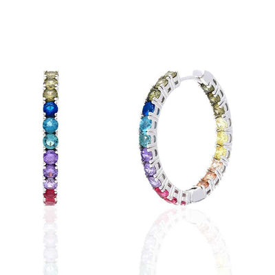 925 Sterling Silver Multicolor Rainbow CZ Hoop Earrings 1.2"