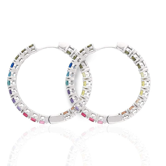 925 Sterling Silver Multicolor Rainbow CZ Hoop Earrings 1.2"