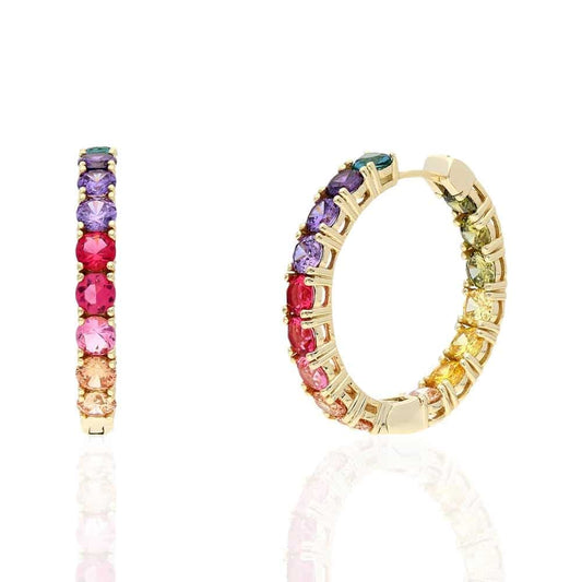 925 Sterling Silver Gold Plated Multicolor Rainbow CZ Hoop Earrings 1.2"