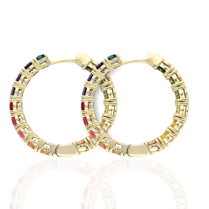 Yellow Gold Over Silver Multicolor Rainbow CZ Hoop Earrings 1.2"