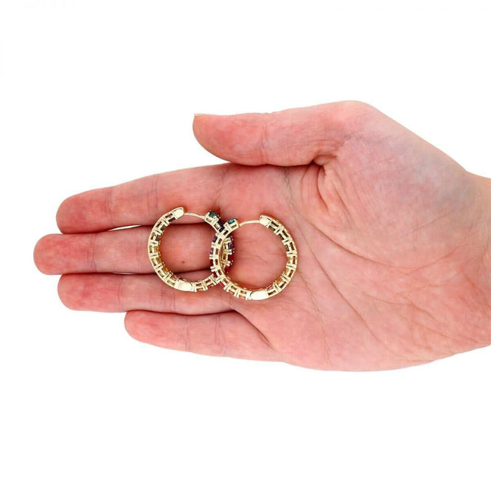 Yellow Gold Over Silver Multicolor Rainbow CZ Hoop Earrings 1.2"