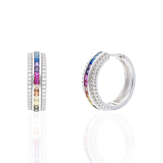 925 Sterling Silver Multicolor Rainbow Princess CZ Hoop Earrings 0.8"