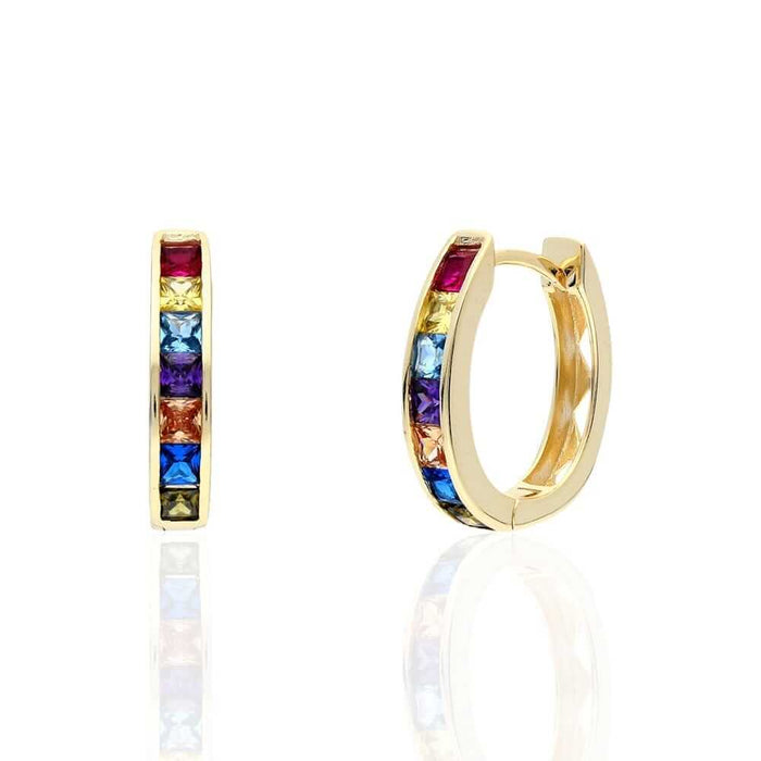 Gold Over 925 Sterling Silver Multicolor Rainbow CZ Oval Huggie Hoop Earrings