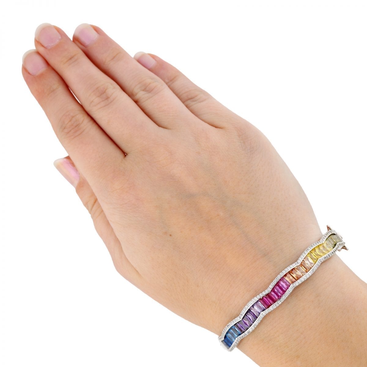 925 Sterling Silver 9mm Multicolor Rainbow CZ Tennis Bangle Bracelet 7.1"
