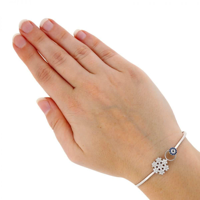 Sterling Silver CZ Snowflake Blue Evil Eye Bangle Bracelet 7"