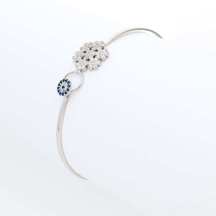 Sterling Silver CZ Snowflake Blue Evil Eye Bangle Bracelet 7"