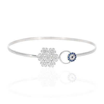 Sterling Silver CZ Snowflake Blue Evil Eye Bangle Bracelet 7"
