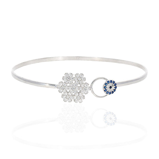 925 Sterling Silver CZ Snowflake Blue Evil Eye Bangle Bracelet 7"