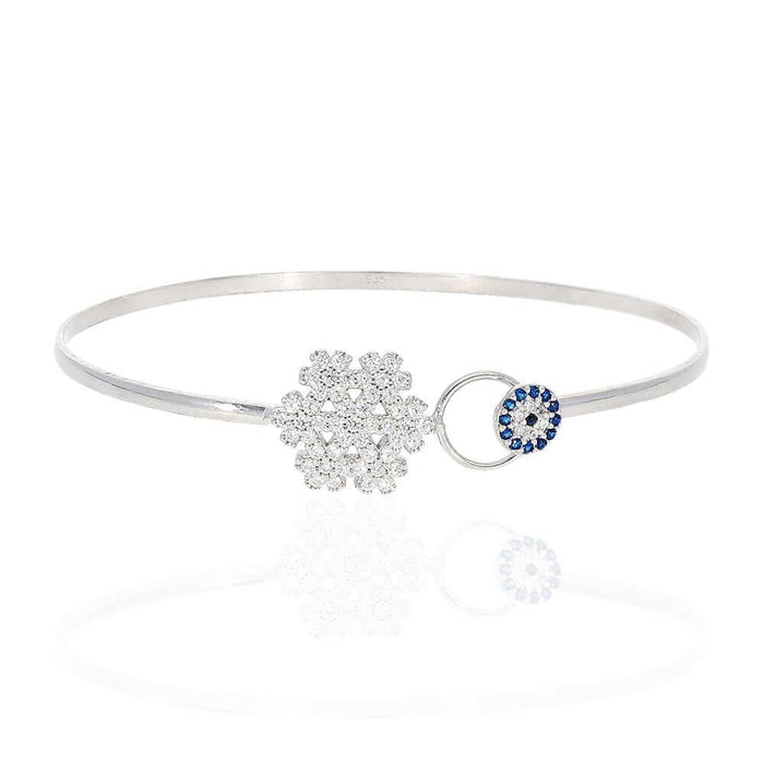 Sterling Silver CZ Snowflake Blue Evil Eye Bangle Bracelet 7"